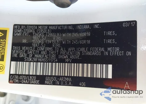 2017 Toyota Highlander Xle from USA, damaged, VIN 5TDKZRFH6HS511754